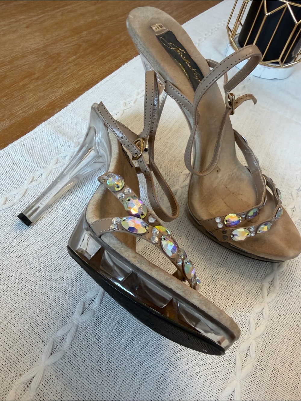 Beige Crystal Embellished Platform Sandals
